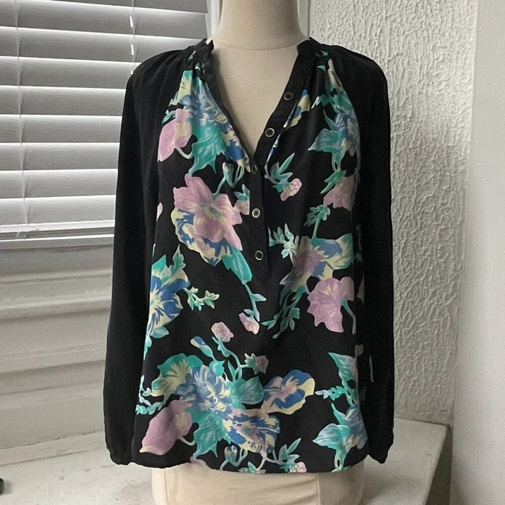 Yumi Kim Black Silk Top with Teal Lilac Floral Print